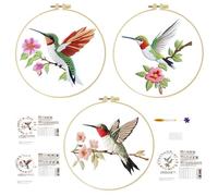 cukol cukol Embroidery Kit for Beginners, Pack of 3 with Hoops, Threads, Needles - Starter Cross Stitch Supplies for Adults, Gift for Relaxation Craft Lovers, Hummingbird Theme