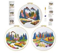 cukol cukol Embroidery Kit for Beginners, Pack of 3 with Hoops, Threads, Needles - Starter Cross Stitch Supplies for Adults, Gift for Relaxation Craft Lovers, Landscape Theme