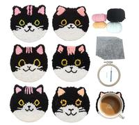 cukol cukol Punch Needle Coaster Kits for Adults Beginners Kids - 6 Set DIY Animal Cat Punch Needle Stitching Embroidery Art Kit, Step-by-Step Guide Make Drink Coasters for Starter