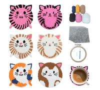 cukol cukol Punch Needle Coaster Kits for Adults Beginners Kids - 6 Set DIY Animal Cat Punch Needle Stitching Embroidery Art Kit, Step-by-Step Guide Make Drink Coasters for Starter