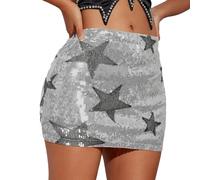 CULACCINO Women's Sequin Skirt Metallic Glitter Skirt Elastic Waist Sparkly Club Bodycon Mini Skirt, Silver Grey Star, S