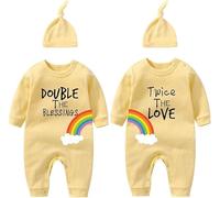 culbutomind Baby Twins Bodysuits Double The Blessings Newborn Baby Clothes Infant Romper Unisex Twin Outfits With Hat(yellow 12m)