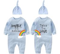 culbutomind Baby Twins Bodysuits Double The Blessings Newborn Baby Clothes Infant Romper Unisex Twin Outfits With Hat(blue 6m)