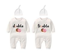 Culbutomind Baby Twins Bodysuits Double Trouble Cute Outfit with Hat, White, 6-9 Months