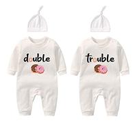 culbutomind Baby Twins Bodysuits Double Trouble Newborn Clothes Cute Unisex Romper Infant Twin Outfits With Hat(white sweet 3m)