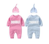 culbutomind Baby Twins Bodysuits Double Trouble Newborn Clothes Cute Unisex Romper Infant Twin Outfits With Hat(pb 12m)