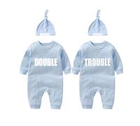 culbutomind Baby Twins Bodysuits Double Trouble Newborn Unisex Baby Romper Cute Outfit With Hat(Blue BT 12M)