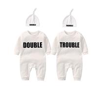 culbutomind Baby Twins Bodysuits Double Trouble Newborn Unisex Baby Romper Cute Outfit With Hat(White BT 9M)