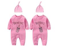 culbutomind Baby Twins Bodysuits Drinking Buddies Newborn Toddler Clothes Cute Unisex Romper Infant Twin Outfits With Hat(pink DB 3m)