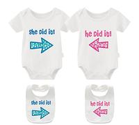 culbutomind Baby Twins Bodysuits She He Did It Newborn Toddler Clothes Cute Unisex Romper Infant Twin Outfits With Bibs(white pb 6m)