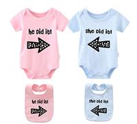culbutomind Baby Twins Bodysuits She He Did It Newborn Toddler Clothes Cute Unisex Romper Infant Twin Outfits With Bibs(pink blue 3m)