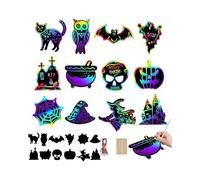 CULEB 12 Sheets Halloween Scratch Pictures, Scratch Painting Scratch Art Kits, Magic Rainbow Scratch Cards with Wooden Pen and Coloured Ribbon, for Children All Saints Festival Party Decoration DIY