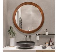 CULER Round Wood Mirror 24 Inch,Circle Mirror with Walnut Frame for Wall,Rustic Decorative Round Wall Mirror for Bathroom Bedroom Entryway（Brown）