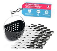 culiclean Clothes Pegs for Washing Line - Clothes Peg and Bag Set with Peg Basket for Washing Line - Washing Peg and Basket with Hanger - 40 Pegs, 1 Holder - black-white/black