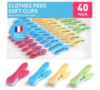 culiclean Clothes Pegs - Strong Soft Grip Soft Clips - Durable Plastic Pegs for Indoor & Outdoor Use - Heavy Duty Clothes Clips - 40 Pack - blue-yellow-green-pink