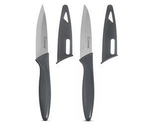 CULINARE 2 Piece Knife Set, Grey, Stainless Steel, 9cm Ultra Sharp Blades, 2 x Kitchen Knives with Protection Covers, Smooth Cutting/Firm Grip/Non-Slip Handle, Dishwasher Safe