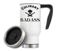Culinary Badass Chef Hat and Knives Jolly Roger Styled Vacuum Insulated Thermal Travel Coffee Mug 480ml White