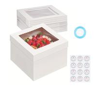 Culinavog 10 Pcs 12 Inch Cake Board And Box, 12x12x8 Inches Cake Box, White Bakery Box With Window, Square Cardboard Cake Box With Blue Ribbon And Thank You Sealing Sticker for Cakes, Pastries, Pies