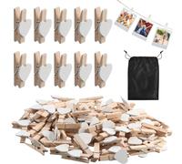 Culinavog 100PCS Mini Wooden Pegs, 3.5cm Photo Display Clips, Mini White Wooden Heart Pegs with Black Bound Pocket, wooden Clothes Pegs for Wedding Card Picture Hanging Holder Party Decor