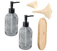 Culinavog 2 Pack Soap Dispenser Set, 400ml Refillable Glass Shampoo and Conditioner Bottles with Bamboo Tray and Funnel, Pump Bottle Dispenser for Kitchen Bathroom Hand Dish Soap