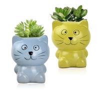 Culinavog 2 Pcs Succulent Plant Pots, Ceramic Small Succulent Pots, Cat Shape Cute Succulent Planter, Tiny Cactus Flower Plant Containers, Cute Flower Pots for Home Office Decoration