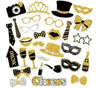 Culinavog 30 Pcs Black and Gold Glitter Selfie Props - Funny DIY Photo Booth Kit with Sticks, Party Accessories for Weddings, Birthdays, Christmas and Celebrations