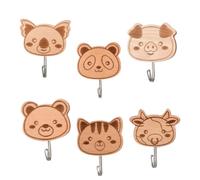 Culinavog Coat Hooks, Pack of 6 Wooden Animal Wall Hooks for Decor, Self-Adhesive Wooden Coat Hooks, Small Wall Hooks, Children for Kitchen, Multifunctional Hooks for Children's Room, Bedroom