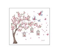 Culinavog Wall Stickers Cherry Blossom, Large Pink Tree Branch Birds Wall Decals, PVC Floral Art Sticker for Bedroom, Living Room, Nursery, Home Decor, DIY Removable Mural