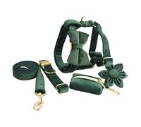 CulineformX Green Velvet Girl Dog Harness Collar And Leash Set For Large Dogs With Detachable Flower Bow & Gold Metal Buckle For Female Dog