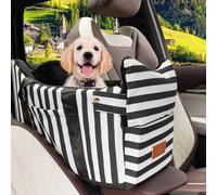 Cullaby Dog Car Seat for Small Dogs Under 15 lbs - Center Console Pet Carrier with Safety Belt, Storage Pockets, Removable Washable Cover - B&W Stripes, Secure & Comfortable for Small Puppies/Cats