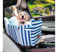 Cullaby Small Dog Car Seat (Under 15 lbs) | Center Console Pet Carrier with Safety Belt, Storage Pockets & Removable Washable Cover | Blue& White Stripes