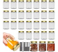 CulnCraz 180 ml Hexagonal Glass Jars with Gold Lids, 30 Pack 6 oz Airtight Canning Jars, Food Storage Contains for Spice, Jam, Honey, Yogurt, with 2 Brushs, 80 Stickers and1 Pen for Labeling