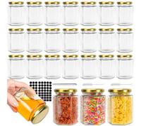 CulnCraz 270 ml Hexagonal Glass Jars with Gold Lids, 24 Pack 9 oz Airtight Canning Jars, Food Storage Jars for Spice, Jam, Honey, Yogurt, Tea, with 2 Brushs and 40 Stickers and1 Pen for Labeling