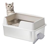 Culnflun Cat Litter Tray, Stainless Steel Large 50 X 35 X 25 cm with Scoop, Open Design with High Walled Edges, Anti-Sticking, Leak-Proof, Easy to Clean