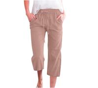 Culottes for Women UK Women's Cropped Trousers Summer Cotton Linen Solid Color 3/4 Length Elastic Waist Lounge Pants Comfy Soft Three Quarter Loose Casual Capri Joggers with Pockets Rose Gold