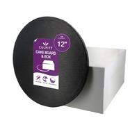 Culpitt 12" Black Cake Board & White Cake Box Combo, Round Cake Drum With Matching Box, 0.5'' (13mm) Thick, Square Cake Transport For Halloween Treats, 12 Inch, Single Pack