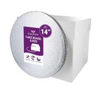 Culpitt 14" Round Silver Cake Drum Board & Tall White Cake Box Combo, 14 x 14 x 12 Inch Square Box and Matching Cake Circle Set For Tiered or Decorated Cake Transport
