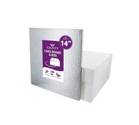 Culpitt 14" Square Silver Cake Drum Board & White Cake Box Combo, 14 Inch Box and Matching Board Set For Cake Transport