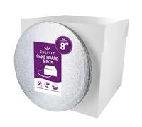 Culpitt 8" Round Silver Cake Drum Board & Tall White Box Combo, 8 x 8 x 8 Inch Square Box and Matching Circle Set for Tiered or Decorated Transport, 90309
