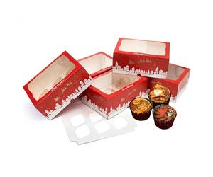 Culpitt Christmas Cupcake Boxes | 5 Pack | Red & Gold Christmas Display Boxes With See Through Window, Strong 6 Hole Cupcake Box For The Festive Holidays, Gift, Storage, Protection | 4" Deep - 5 Pack