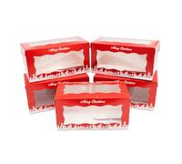 Culpitt Christmas Log Boxes | 5 Pack | Red & Gold Christmas Display Boxes With See Through Window, Strong Cake Boxes For The Festive Holidays | 8" x 4" - 5 Pack