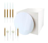 Culpitt Gold Birthday Cake Kit | Cake Candles, Cake Board, Cake Box | Gold Glitter Candles With Star, Spiral, Sparkle For New Years Eve - 10 Decorations, 10" White Masonite Board, White Box