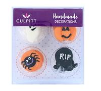 Culpitt Halloween Cake Decorations, Ghost, Pumpkin, Gravestone and Spider Cupcake Decorations, Edible Sugar Cake Toppers - Pack of 12