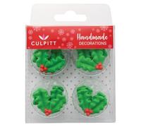 Culpitt Holly & Berry Sugar Pipings, Edible Royal Icing Decorations, Festive Christmas Cake and Cupcake Toppers - Pack of 12