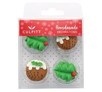 Culpitt Holly & Christmas Pudding Sugar Decorations, Edible Royal Icing Decorations, Multi-Coloured Green Festive Cake and Cupcake Toppers, Pack of 12