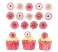 Culpitt Pink Flowers Sugar Decorations | 32 Edible Cupcake Toppers | Printed Fondant Cake-Decorations, Roses, Gerberas & Petunias - 32 Pack