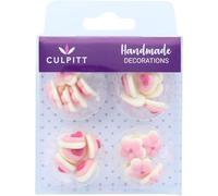 Culpitt Pink Mini Hearts and Flowers Sugar Pipings, Royal Icing, Hand Made Decorations for Cupcakes, Cakes, Cookies, 24 Piece
