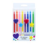 Culpitt Rainbow Birthday Cake Candles, 12 Cake Decorations for Parties, Multi-Coloured Celebration Toppers with Heart, Star, Tall Candles | Mixed Set of 12