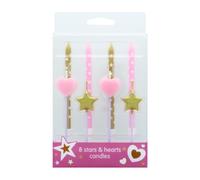 Culpitt Star & Heart Birthday Cake Candles, 8 Cake Decorations for Parties, Celebration Toppers with Pink Heart, Gold Star & Tall Candles - Mixed Set of 8