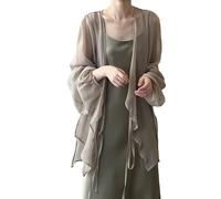 CuLtP Chiffon Cardigans for Women Lightweight Boleros Shrugs Waterfall Jacket Front Lace Up Elegant Summer Short Cardigans for Dresses Evening Jackets Khaki S